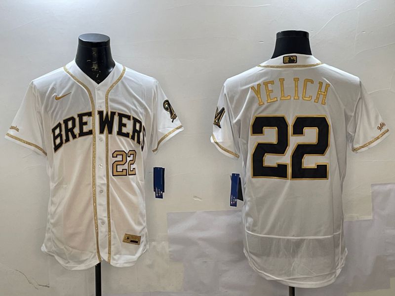 Men Milwaukee Brewers #22 Yelich White Gold Elite 2025 Nike MLB Jersey style 4